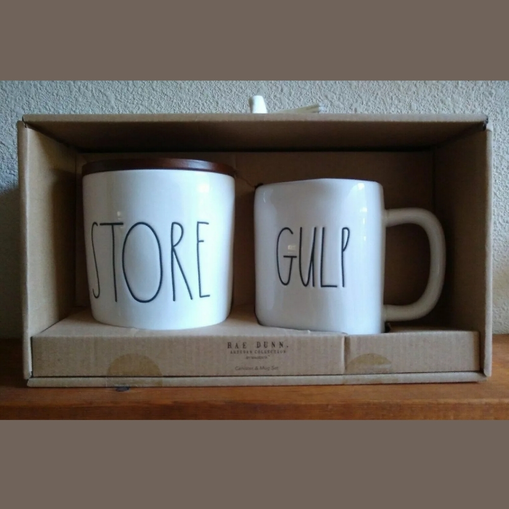 New Rae Dunn STORE canister GULP Mug Set Wood Lid